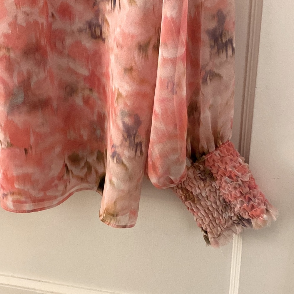 Misa Los Angeles Pink Long Sleeve Ruffled Blouse with Mandarin Collar - Picture 4 of 7